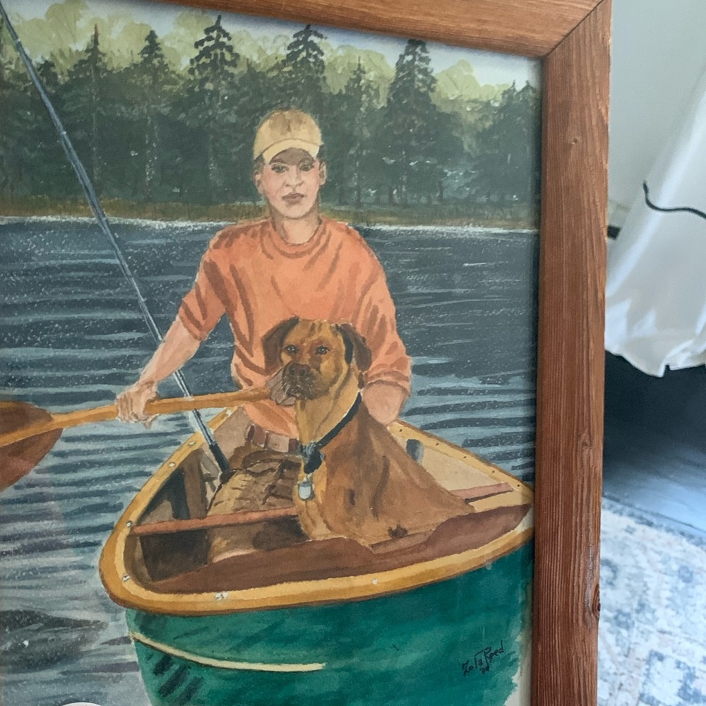 Original Artwork Boy in a Canoe Boat with His Dog Framed MA Artist